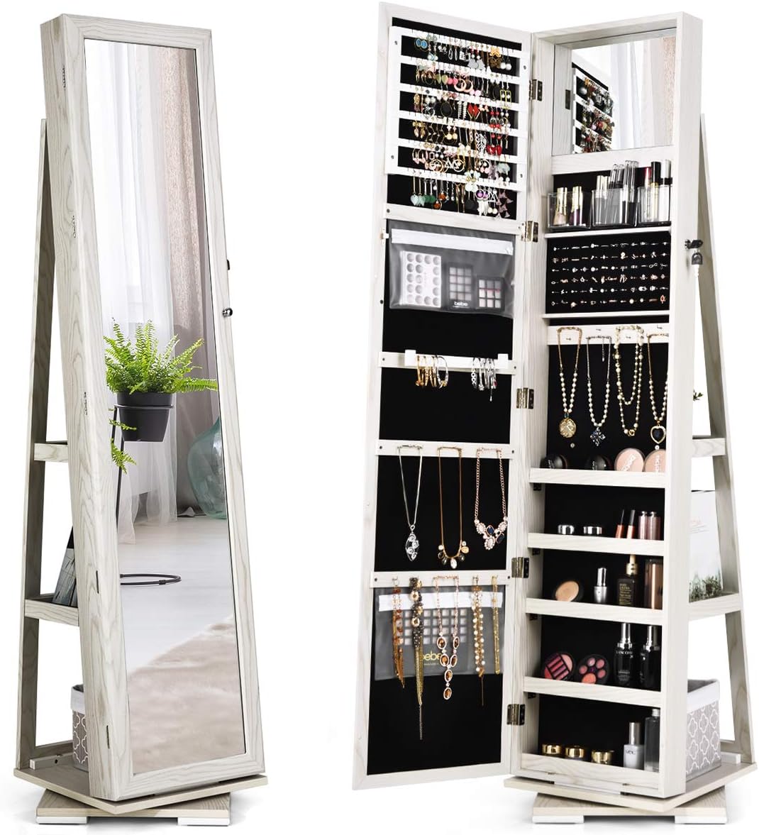 Stylish Grayish White Standing Mirror Jewelry Armoire