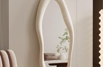 Full Length Mirror 63″x24″, Irregular Wavy Mirror, Arched Floor Mirror, Wall Mirror Standing Hanging or Leaning Against Wall for Bedroom, Flannel Wrapped Wooden Frame Mirror-White