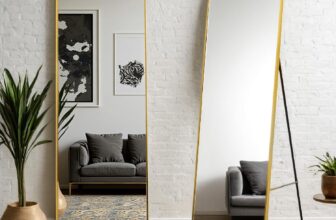 CUCZUUS 56″ x 18″ Floor Full Length Mirrors with Stand,Shatter-Proof Tempered Glass Big Mirror,Wall Mounted Hanging/Standing Long Mirror,Aluminium Alloy Arched Mirror,Bedroom Floor Mirror (Golden)