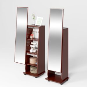 JUSCHIPEXL Full Length Sliding Mirror, Large Capacity Storage Cabinet, 4 Tier Wardrobe, Standing Mirror with Casters, Rolling Mirror with Storage for Bedroom, Cloakroom


